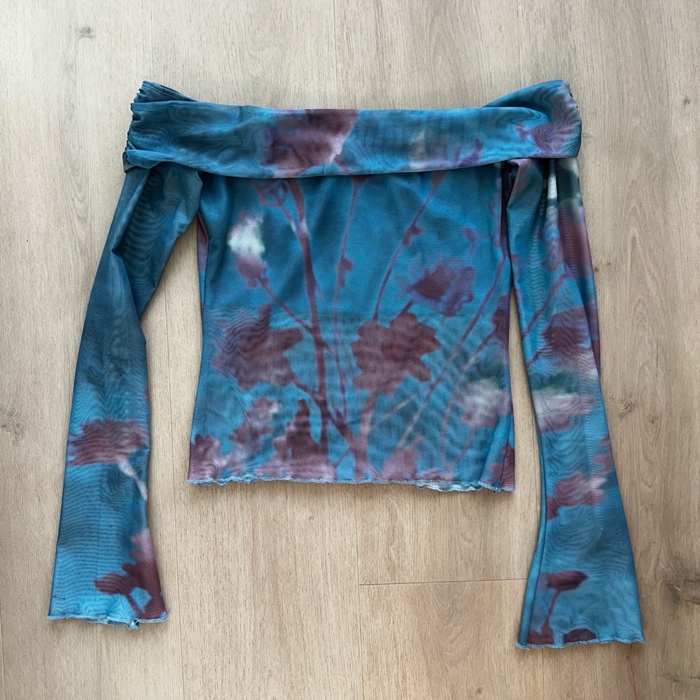 Motel Rocks Floral Off-Shoulder Crop Top - Blue and Purple